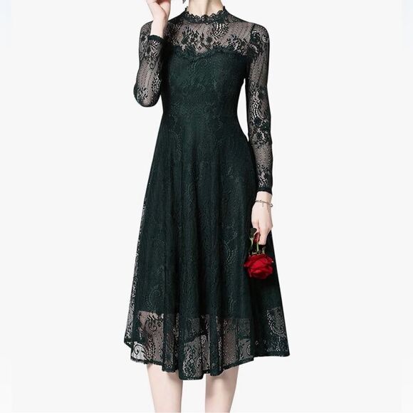 Lai Meng Five Cats Floral Lace A-line Elegant Floral Lace Midi Dress - Picture 1 of 8
